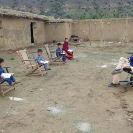 A man delivers a class in Sherani District in Balochistan. Support for the class was provided by the “My Home, My School” initiative.