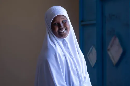 Saharla Abdikarim Adan, 13, poses for a portrait after a Girls Empowerment Club session at Borana Girls Primary school in Borana, Somaliland.