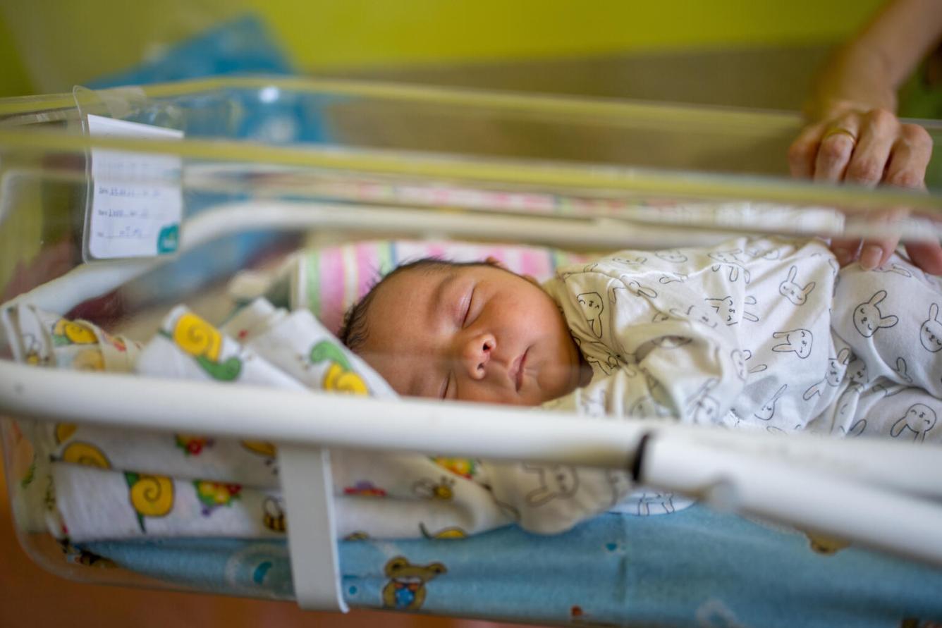 Newborn boy Danylo in a hospital ward in Lviv, Ukraine.
