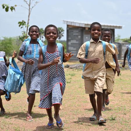 Children at the playground of their school made out of recycled plastic bricks, in Sakassou, in the center of Côte d’Ivoire.