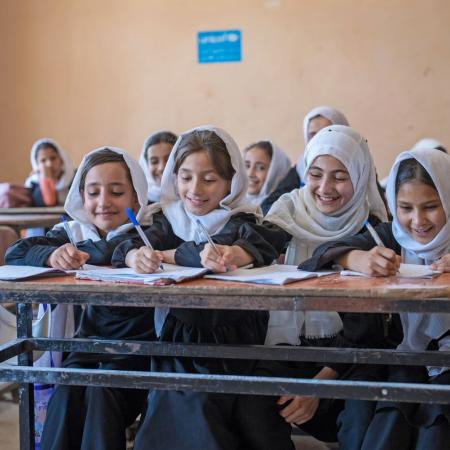 On 15th June 2023, 11-year-old Madina (second from right) in class at the Mawlana Jalaluddin Mohammad Balkhi School in Mazar-i-Sharīf, Balkh Province, Afghanistan.