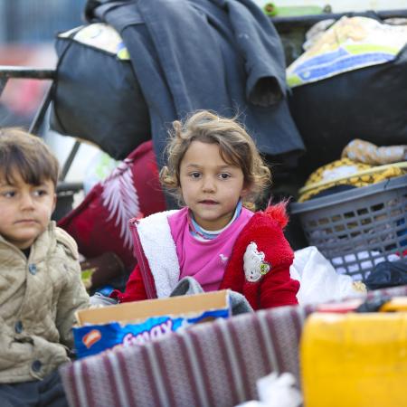 Children among the newly arrived families at a reception centre in Ar-Raqqa city, Syria, on 4 December 2024, who fled the escalating violence in Aleppo