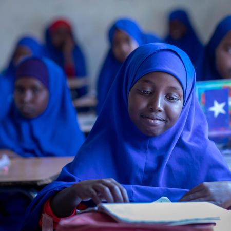 Une jeune fille suit un cours dans une école primaire du Pount, en Somalie.