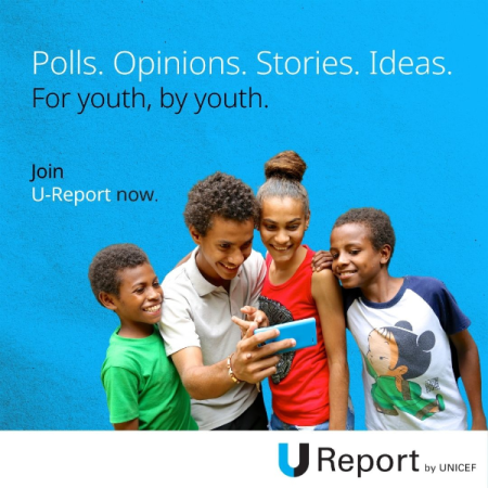 Group of youth, using an electronic device with text on top right, Polls, Opinions, Stories, Ideas. For Youth, by Youth. 