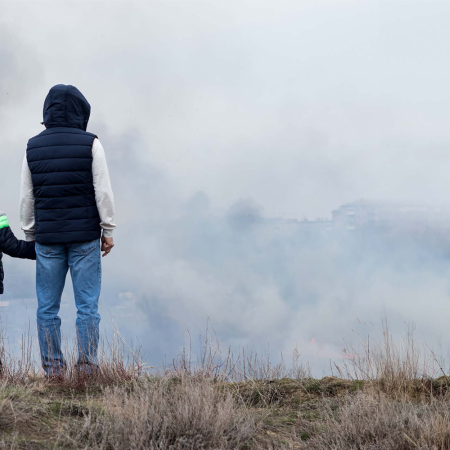 A child and an adult with their backs turned away look at smoke coming from a wildfire. 